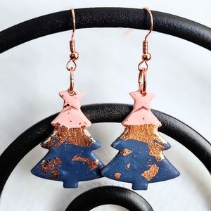 SD Handmade Polymer Clay Christmas Tree Earrings in Navy/Pink/Copper Colors